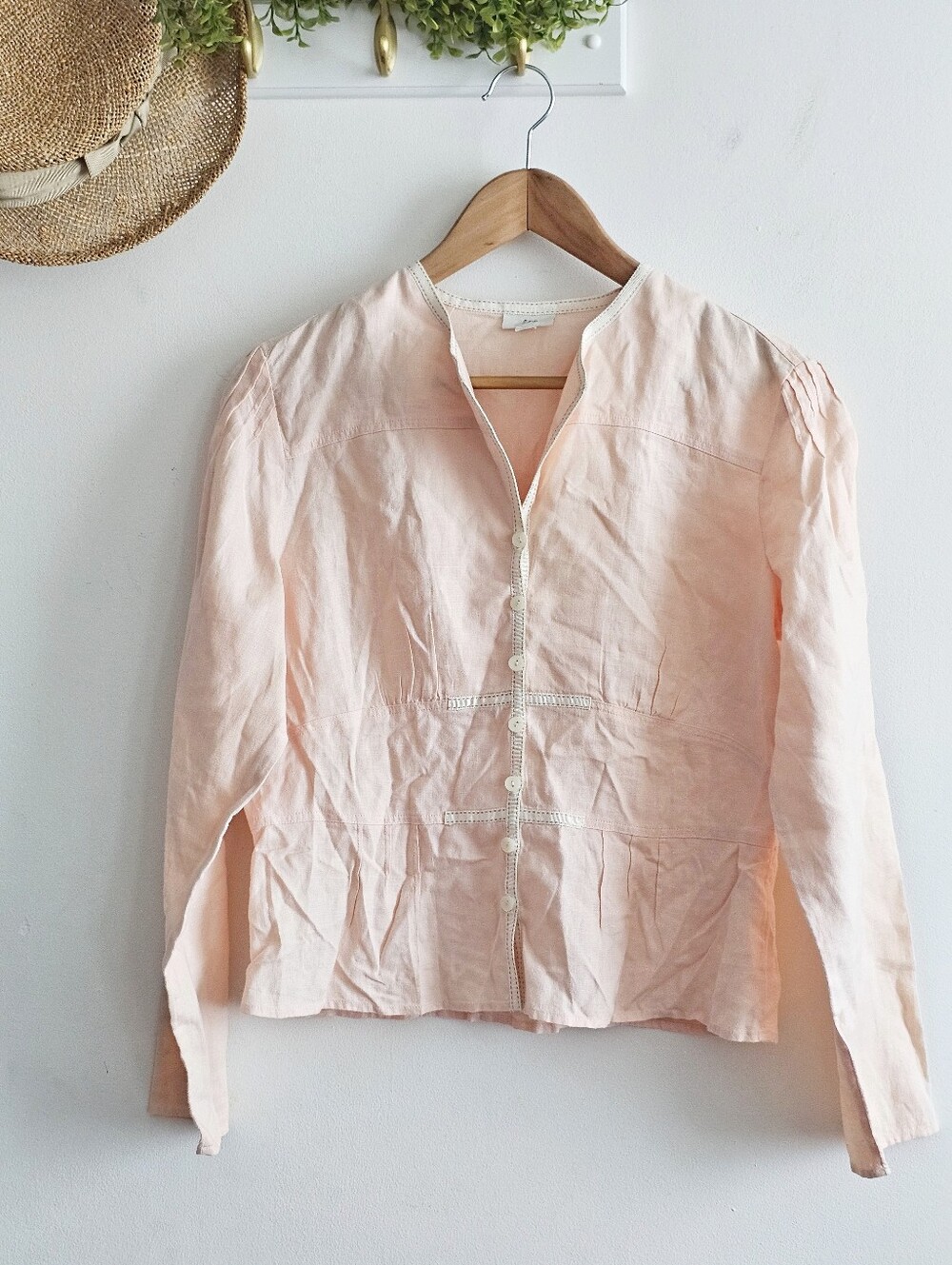 J.Jill 100% Linen Blouse Size 8 Pink Button Front White Trim Long Sleeve